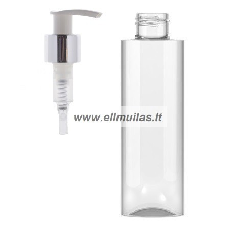 250 ml plastiko buteliukas su sidabriniu dozatoriumi (24mm)